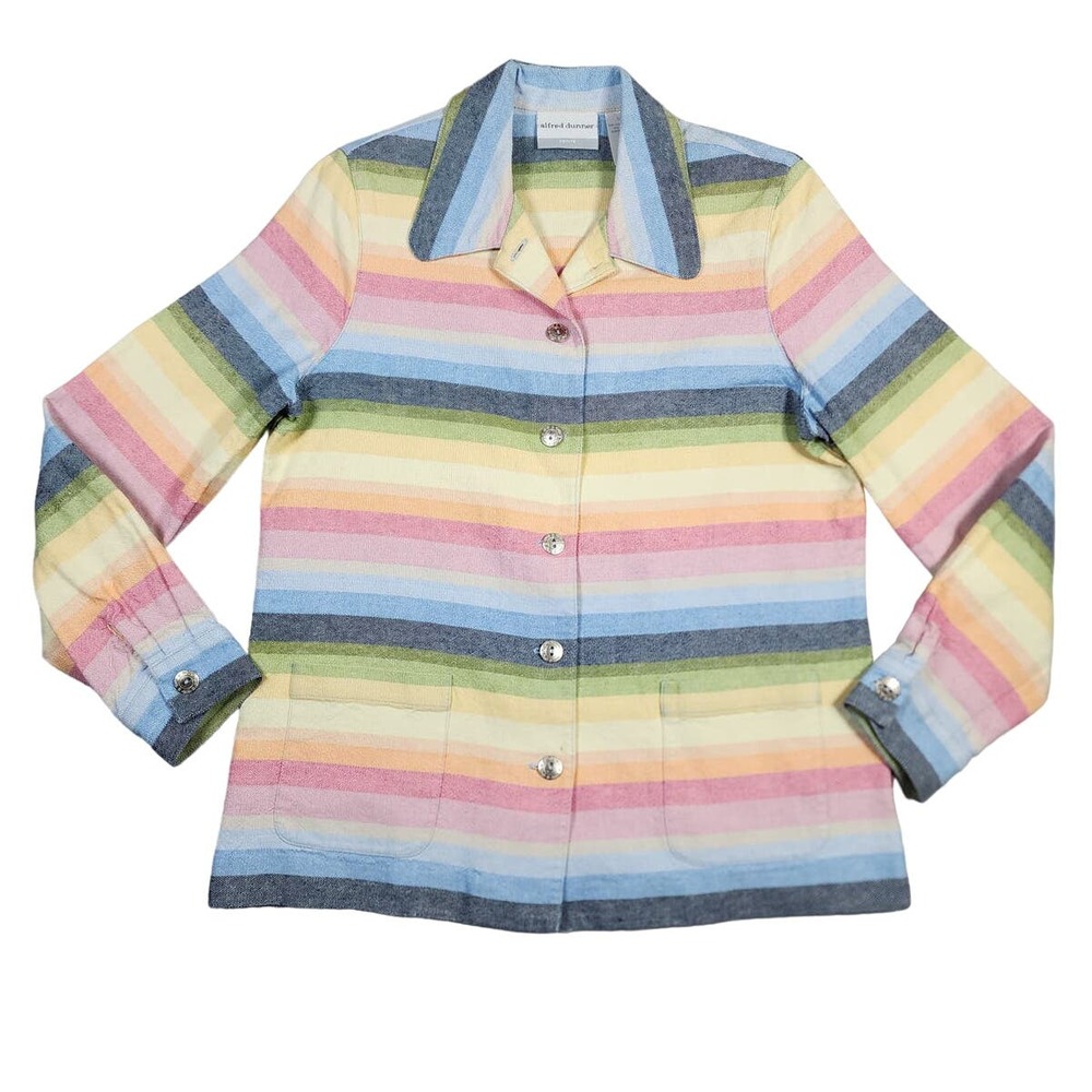 Alfred Dunner Women's Vintage Linen Blend Rainbow Stripe Button Up Jacket Sz 10P